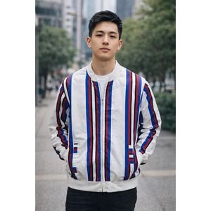 G-NET Striped Bomber Jacket Mens Small White Red Blue NWT Lightweight Zip Up